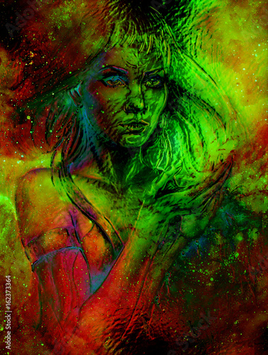 Goddess Woman in Cosmic space. Cosmic Space background. eye contact. Glass effect.