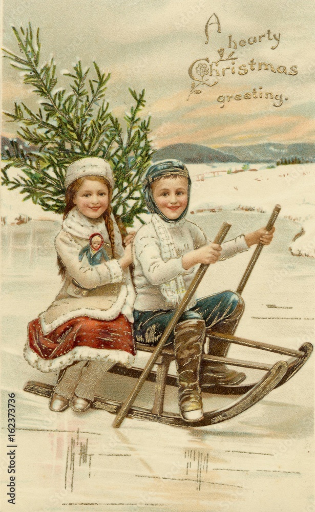 Φωτογραφία Children tobogganing with Christmas tree.. Date: circa 1900