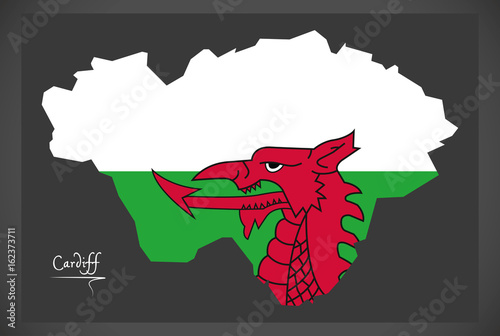 Cardiff Wales map with Welsh national flag illustration