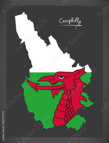 Caerphilly Wales map with Welsh national flag illustration