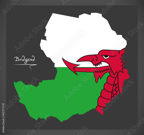 Bridgend Wales map with Welsh national flag illustration