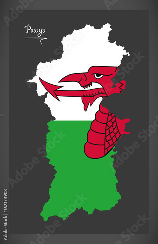 Powys Wales map with Welsh national flag illustration