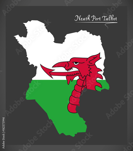 Neath Port Talbot Wales map with Welsh national flag illustration