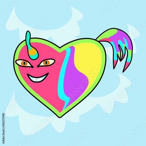 Very stylized unicorn in the shape of a heart without limbs with a corner and a tail