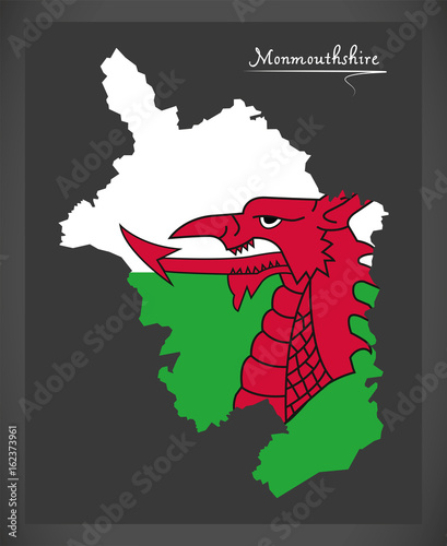 Monmouthshire Wales map with Welsh national flag illustration