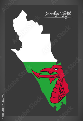 Merthyr Tydfil Wales map with Welsh national flag illustration