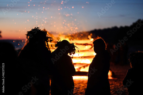 A large fire at the celebration of the summer solstice on the shore of the Gulf of Riga. Latvia.