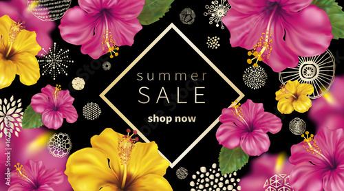 Summer sale background with tropical flowers of pink and yellow hibiscus.  Abstract hand drawn circles texture. 