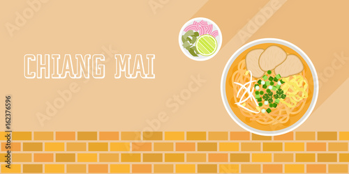 Khao Soi, coconut curry noodle soup with beef and side dish, red onions and lime, Chiang mai, Northern Thailand and Laos food, flat design vector on brick background