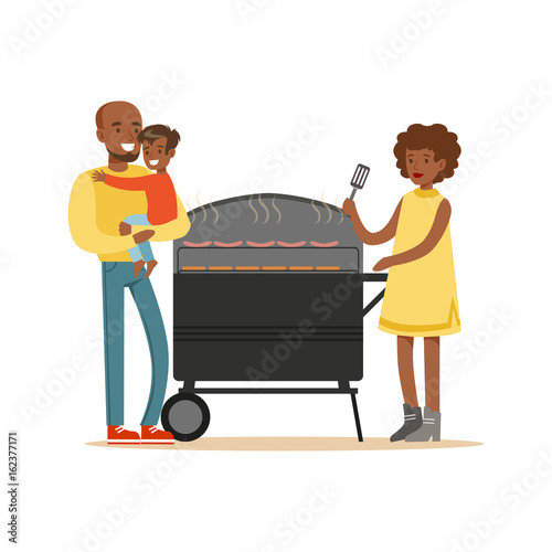 Young black woman grilling sausages on a grill for her family vector Illustration
