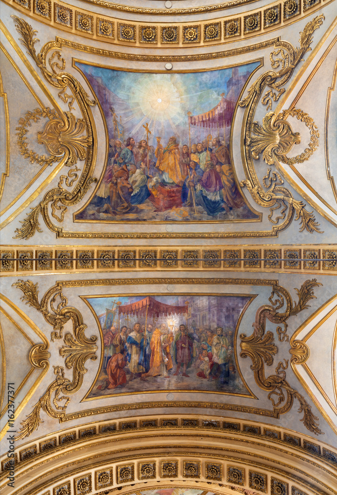 TURIN, ITALY - MARCH 14, 2017: The ceiling fresco of Eucharistic miracle by church Basilica del Corpus Christ Luigi Vacca (1778 - 1854).