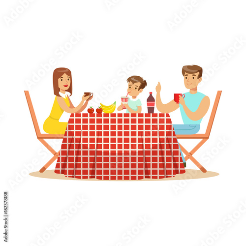 Happy family having lunch outdoors, mother, father and son characters at a picnic vector Illustration