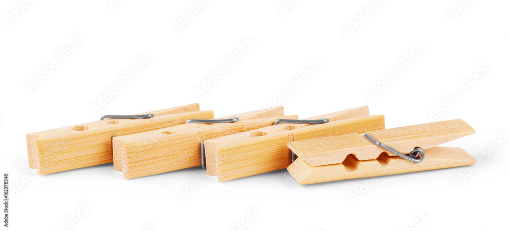 Wooden Cloth Pegs Isolated on White Background