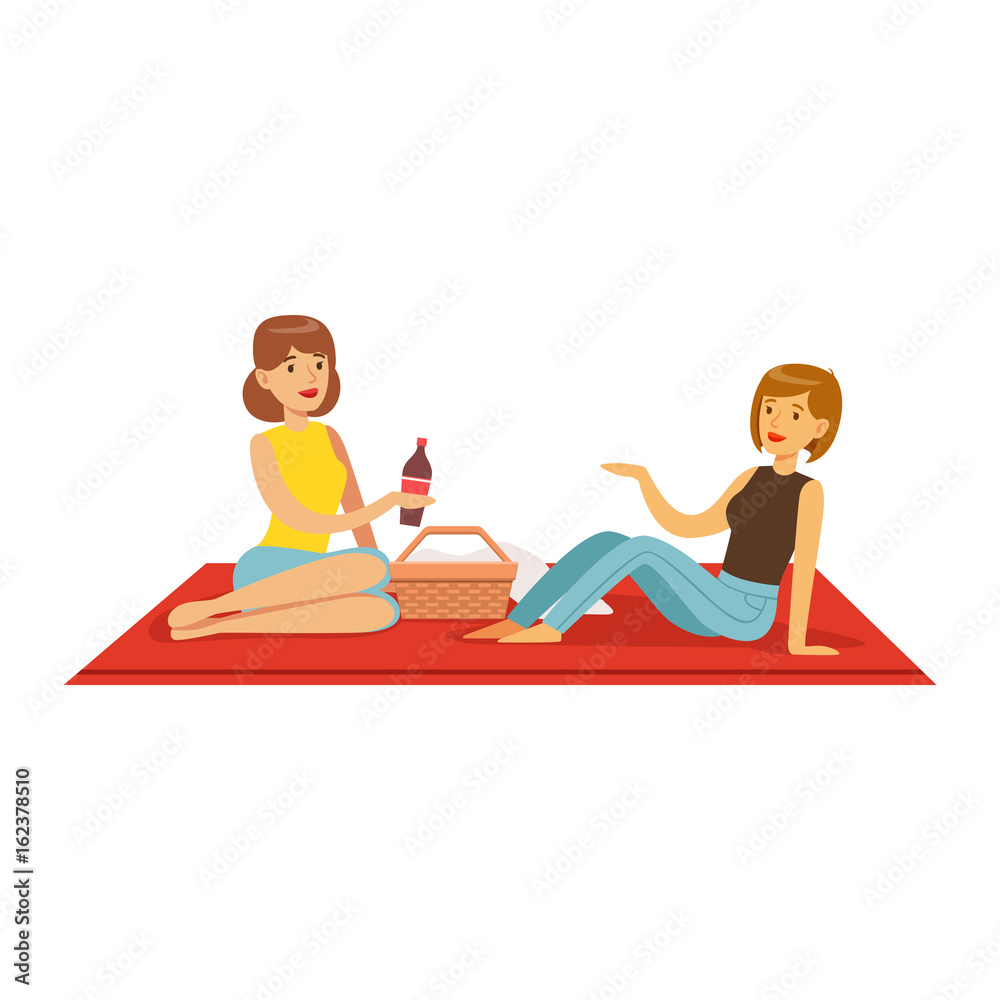 Pretty girls having picnic, two women characters sitting on a picnic plaid vector Illustration