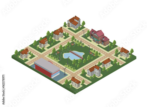 Isometric map of small town or cottage village. Private houses  trees and pond or lake. Vector illustration  isolated on white background.
