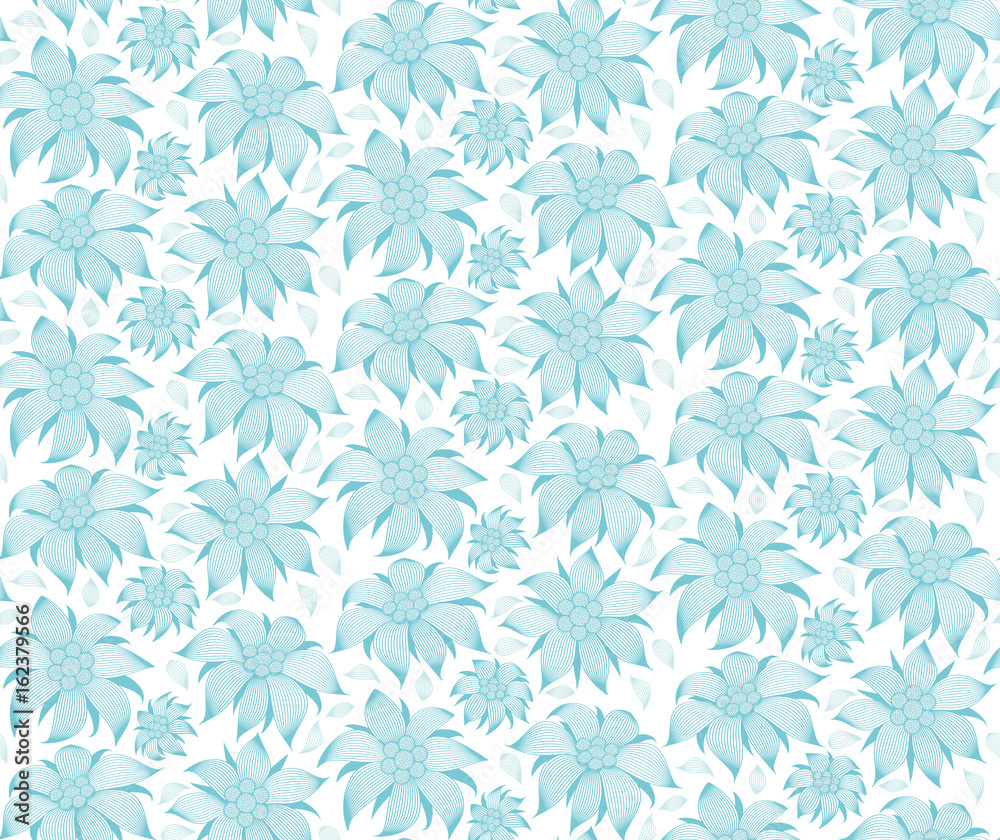 Obraz premium Seamless floral pattern. On a white background the blue flowers of edelweiss, water lily, lotus. For greeting cards, invitations, textiles, clothes, wrapping paper, wallpaper, interior design of room.