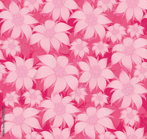 Seamless floral pattern. On a pink background, the flowers are edelweiss, water lily, lotus. For postcard, invitations, textiles, clothes, wrapping paper, wallpaper, interior design of the room.