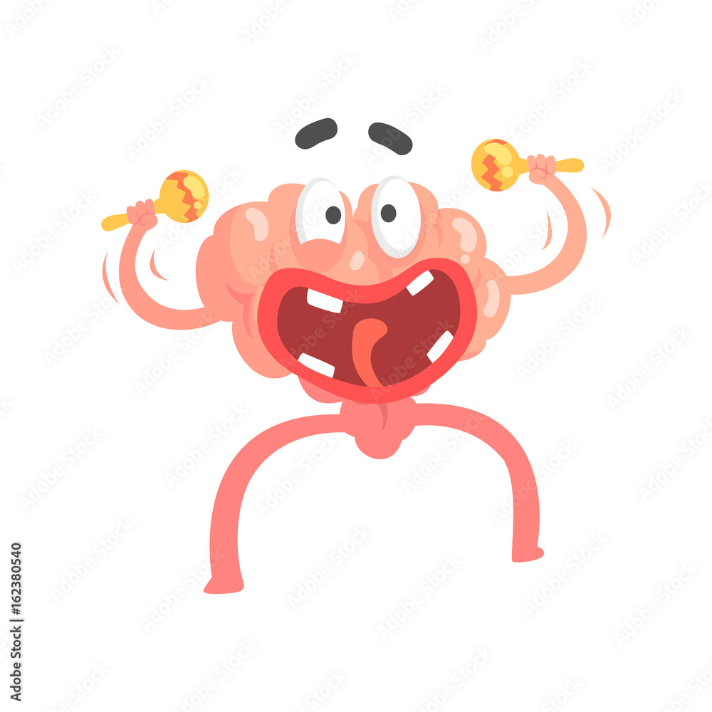 Fototapeta premium Humanized cartoon brain character playing on maracas, intellect human organ vector Illustration