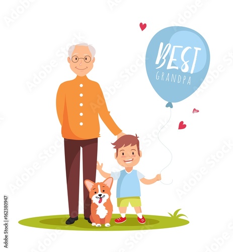 Grandfather, his grandson and dog standing on green lawn with balloon. Happy grandparents day design. Vector illustration
