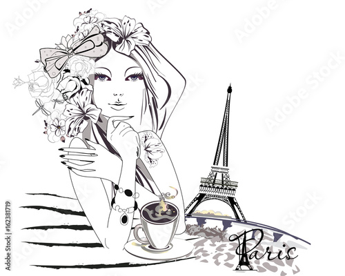 Sketch of fashion girl with flowers and a cup of coffee. The Eiffel tower. photo