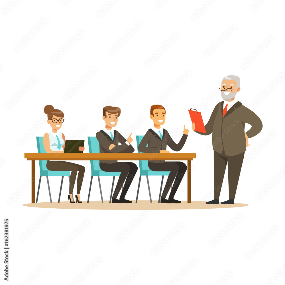 Senior boss explaining to young colleagues business ideas vector Illustration Senior boss explaining to young colleagues business ideas vector Illustration
