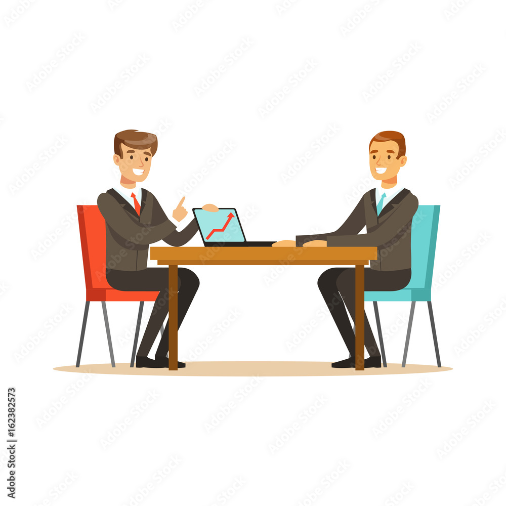 Two businessmen at a business meeting discussing new project with laptop in office vector Illustration Two businessmen at a business meeting discussing new project with laptop in office vector Illustration
