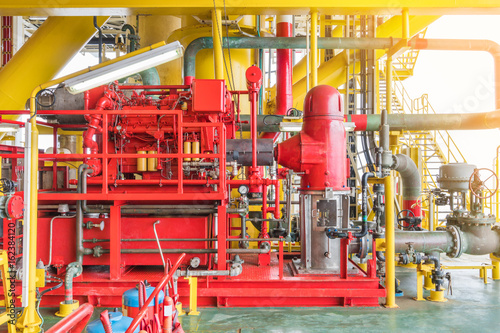 Fototapet Firefighting system on offshore oil and gas platform and petrochemical industry, multi stage of diesel engine fire water pump and deluge system to protect platform on fire case
