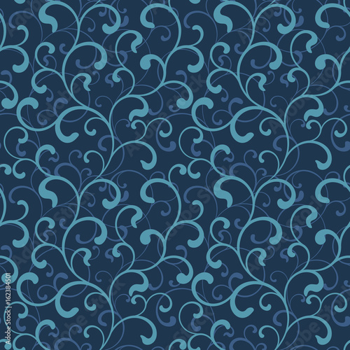 Seamless pattern of swirls on a dark blue background. Sea style. Ideal for textile and wallpapers.