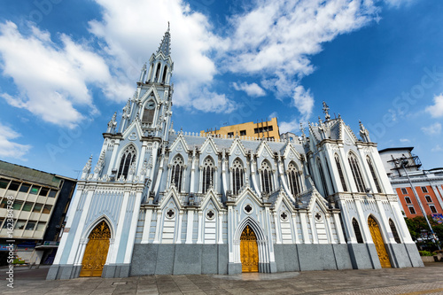 Landscape view of the blue gothic La Ermita Church in downtown Cali, Colombia.