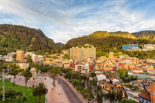 Late afternoon view of Journalist's Park with Monserrate and the candelaria district of Bogota, Colombia.