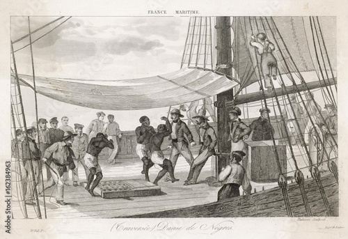 Slaves forced to dance on board ship to keep fit. Date: circa 1830