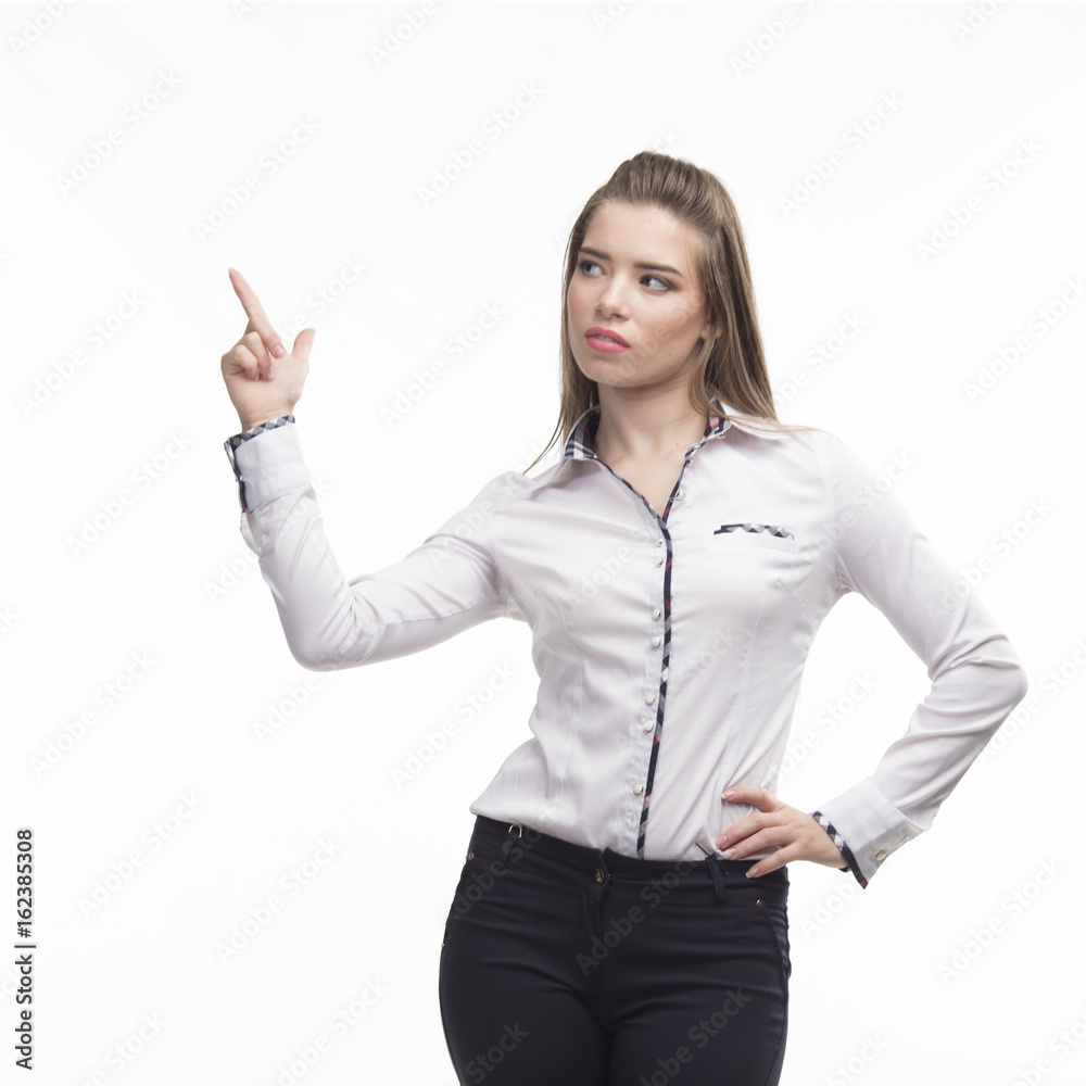 Young contemplative woman portrait of a confident businesswoman on a background. Ideal for banners, registration forms, presentation, landings, presenting concept.. Young contemplative woman portrait of a confident businesswoman on a background. Ideal for banners, registration forms, presentation, landings, presenting concept..