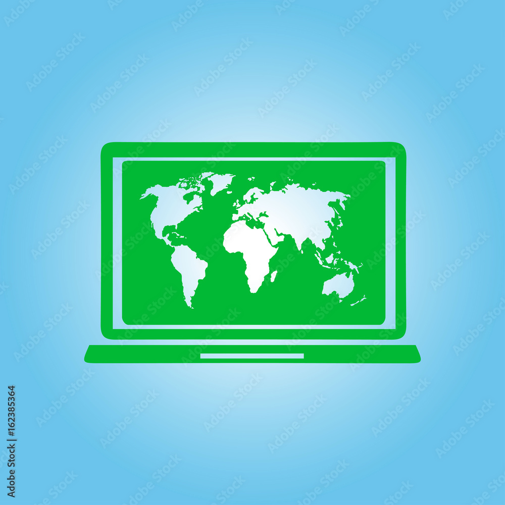 Laptop and world map illustration. World map geography symbol.  Flat design style. 