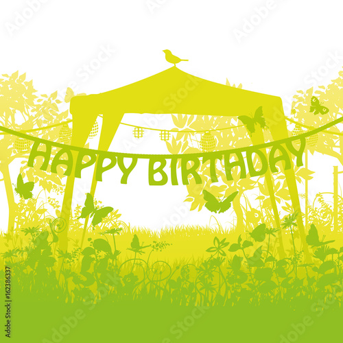 Pavillon und Party mit Geburtstagsschriftzug  im Garten