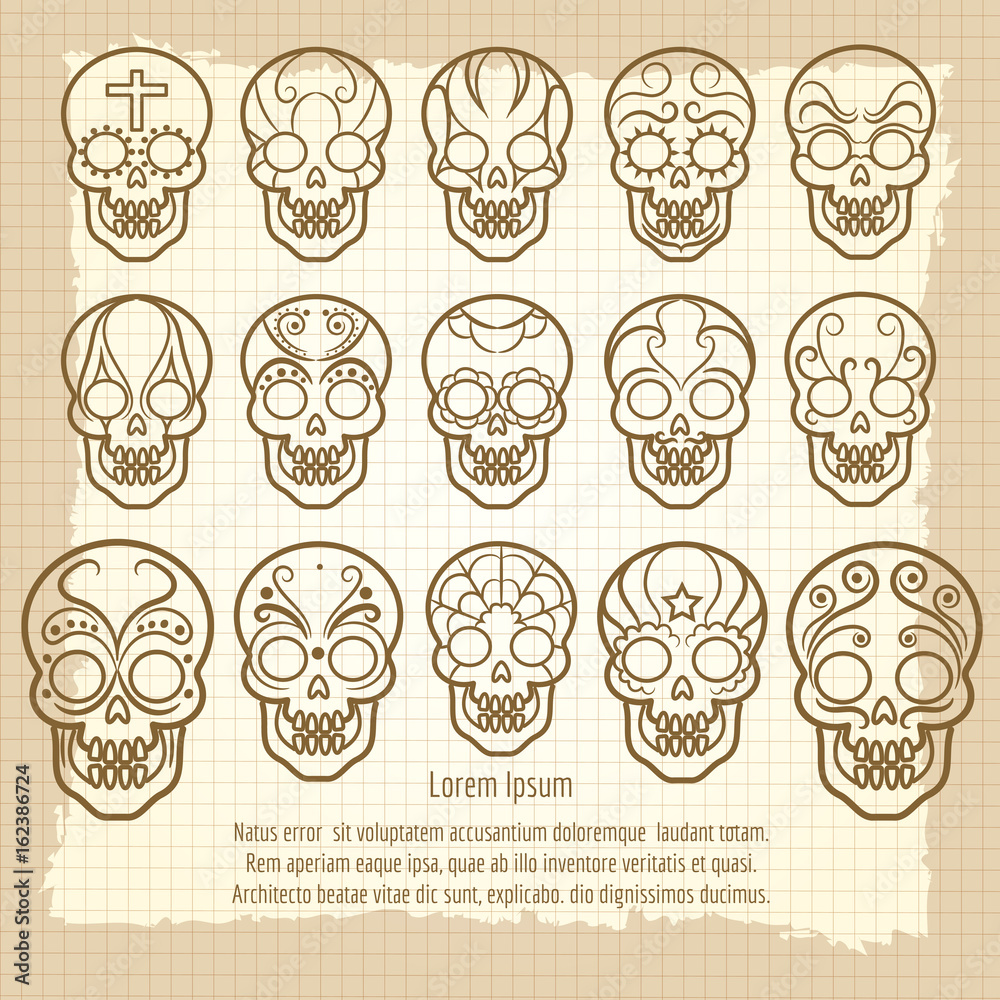Vintage mexican skull set poster on retro notebook page. Vector illustration