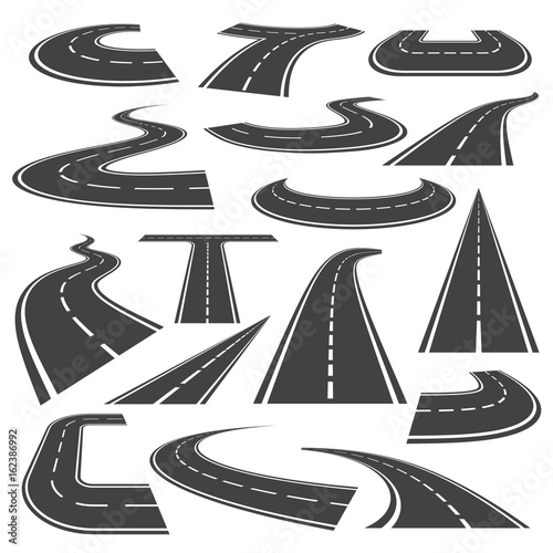 Curved roads icon flat style set
