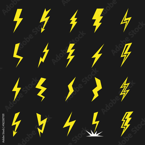 Lightning strikes icon flat set