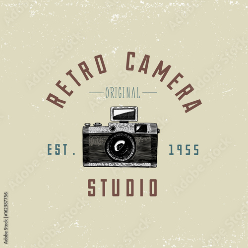 photo logo emblem or label, video, film, movie camera from first till now vintage, engraved hand drawn in sketch or wood cut style, old looking retro lens, isolated vector realistic illustration.