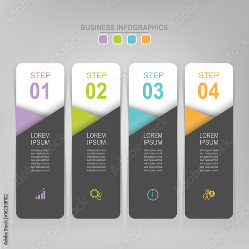 Infographic template of four steps on squares, tag banner, work sheet, flat design of business icon, vector