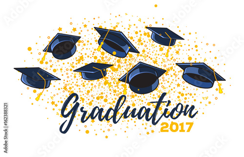 Vector illustration of graduate caps and confetti on a white background. Caps thrown up. Congratulation graduates 2017 class of graduations.