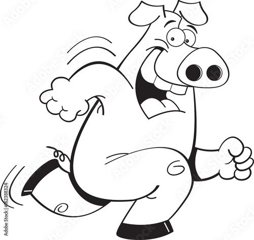 Black and white illustration of a pig running.