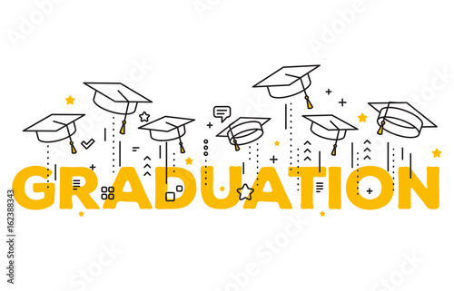 Vector illustration of word graduation with graduate caps on a white background. Caps thrown up. Congratulation graduates 2017 class of graduations. photo