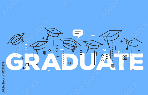 Vector illustration of word graduation with graduate caps on a blue background. Caps thrown up. Congratulation of graduation.