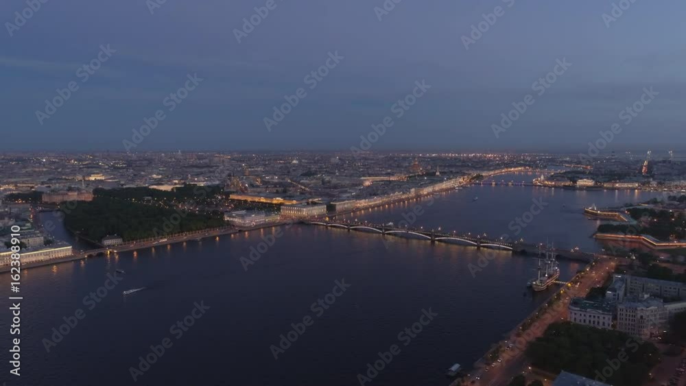 St. Petersburg at night with a drone summer garden Trinity Bridge the Neva River St. Petersburg at night with a drone summer garden Trinity Bridge the Neva River