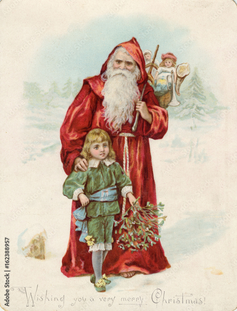 Father Christmas and small boy      . Date: 19th century