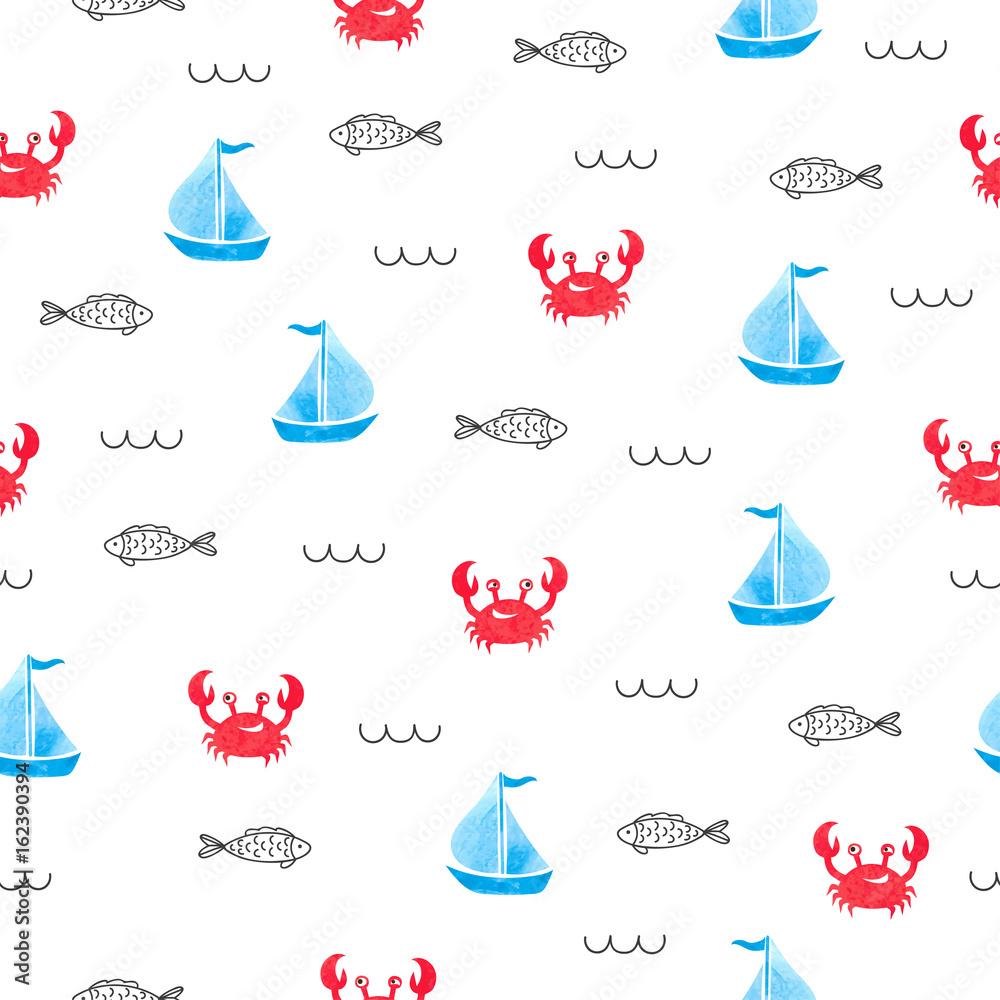 Seamless marine pattern with crab, sea fish and ship. Vector nautical ...