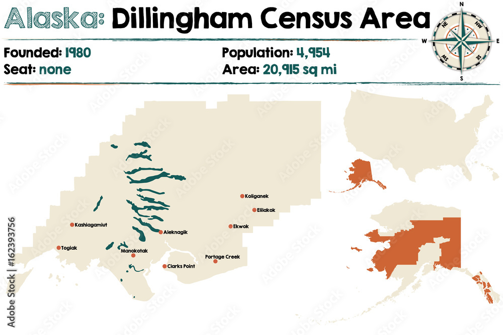 Obraz premium Large and detailed map of Dillingham Census Area in Alaska