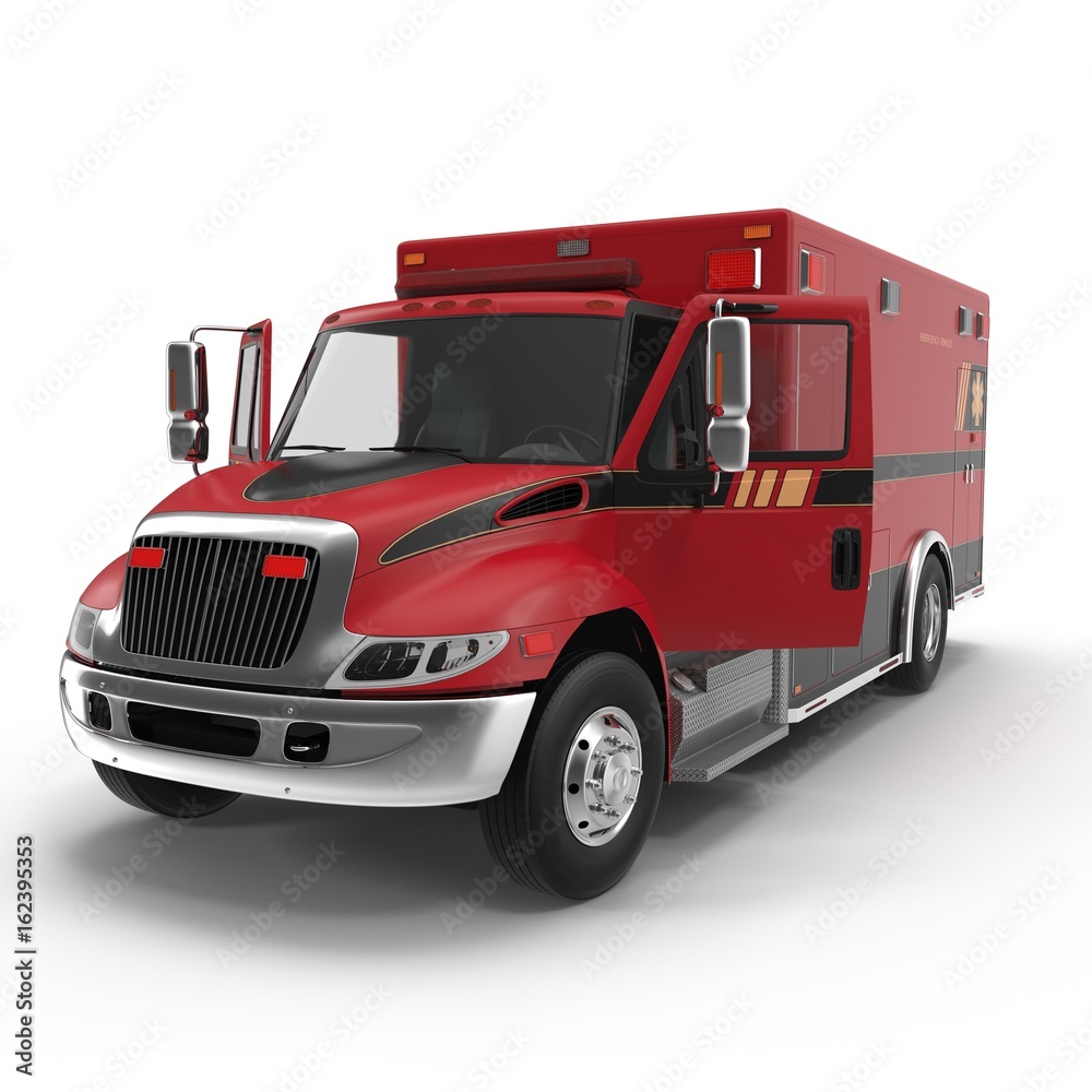 Emergency ambulance car with opened dors isolated on white. Rear view. 3D Illustration