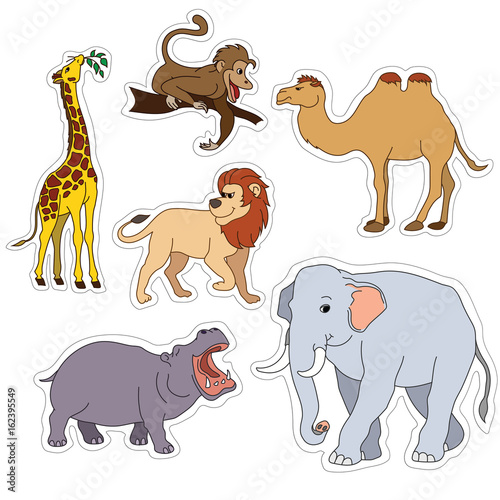 Set of various cute animals, stickers of safari animals. Vector illustration isolated on white
