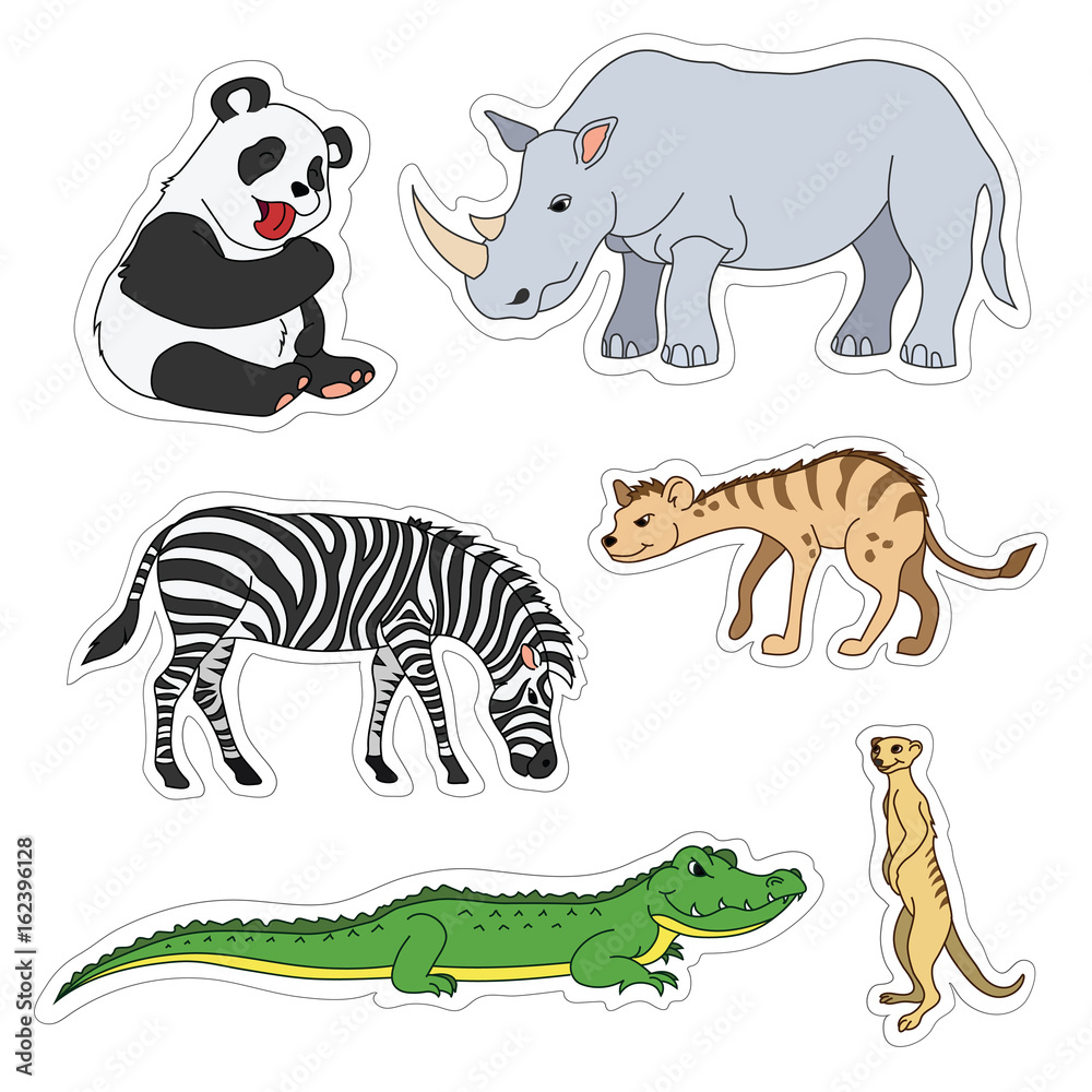 Set of various cute animals, stickers of safari animals. Panda, zebra, alligator, crocodile, gopher, rhinoceros, rhino, hyena Set of various cute animals, stickers of safari animals. Panda, zebra, alligator, crocodile, gopher, rhinoceros, rhino, hyena